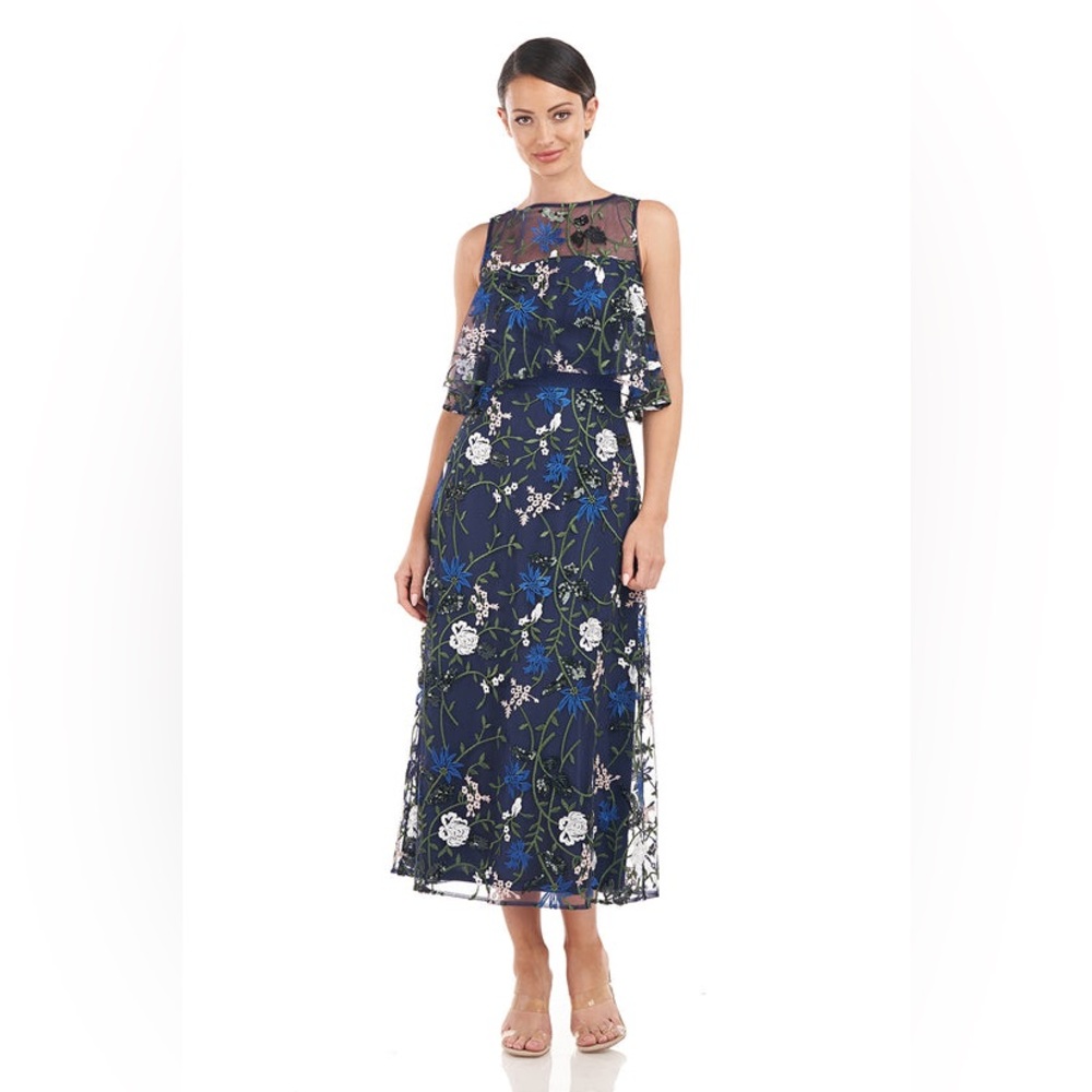 NWT Tea Length Navy Floral Dress JS Collections (Size 8)